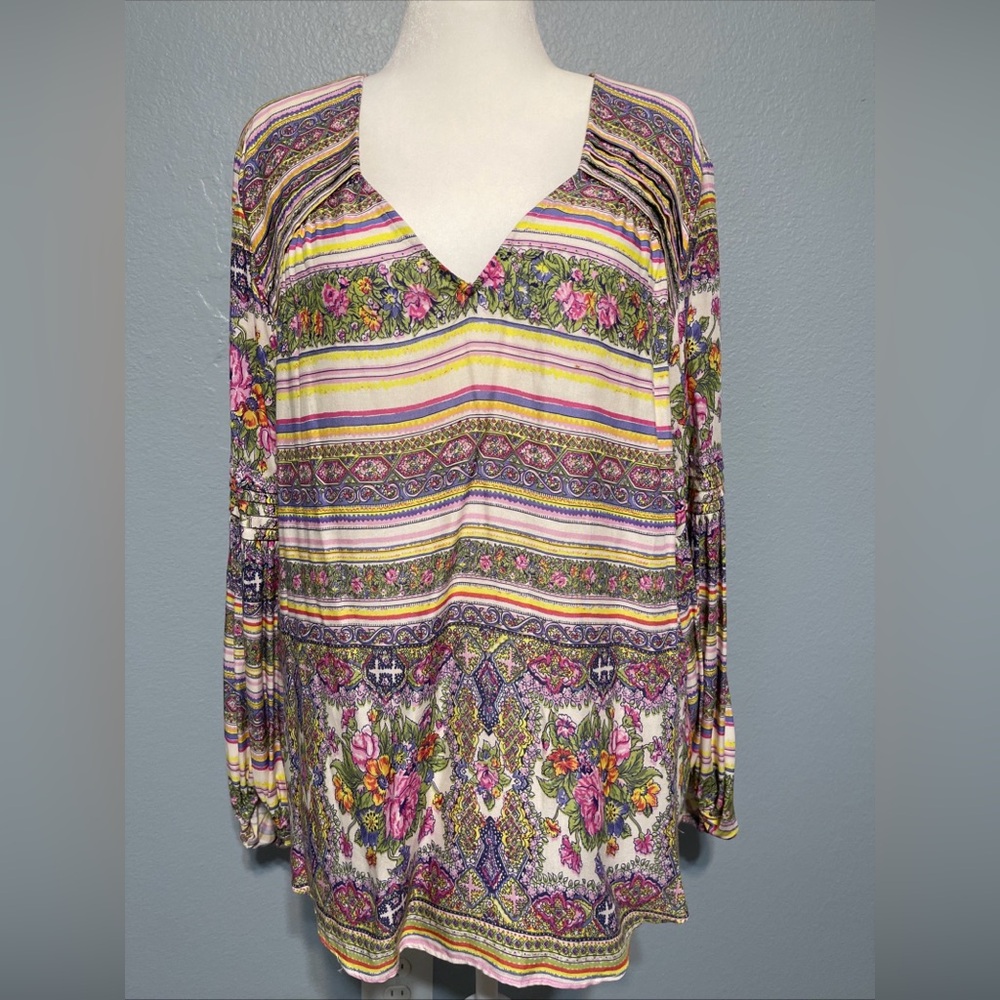 Anthropologie Maeve Ceresco Tunic Top Peasant Boho Floral Striped Cottagecore XL - Picture 2 of 9